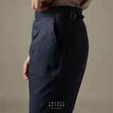 PLEATED LINEN TROUSERS - DARK BLUE