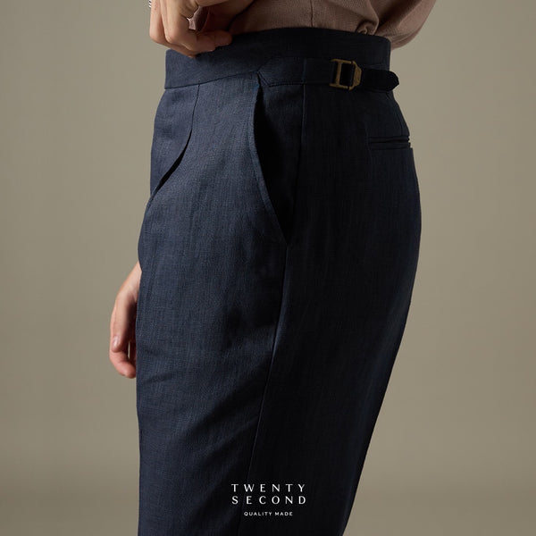 PLEATED LINEN TROUSERS - DARK BLUE