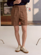 PLEATED LINEN SHORTS - BROWN