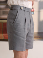 PLEATED LINEN SHORTS - BLUE