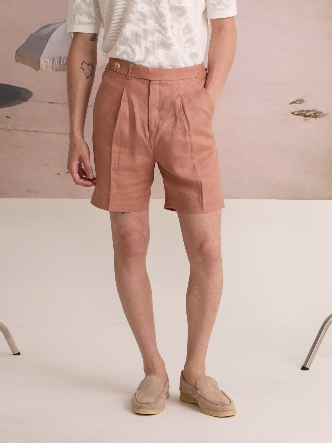 PLEATED LINEN SHORTS - SALMON