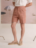 PLEATED LINEN SHORTS - SALMON