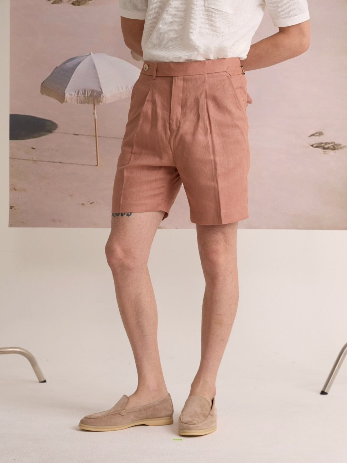PLEATED LINEN SHORTS - SALMON