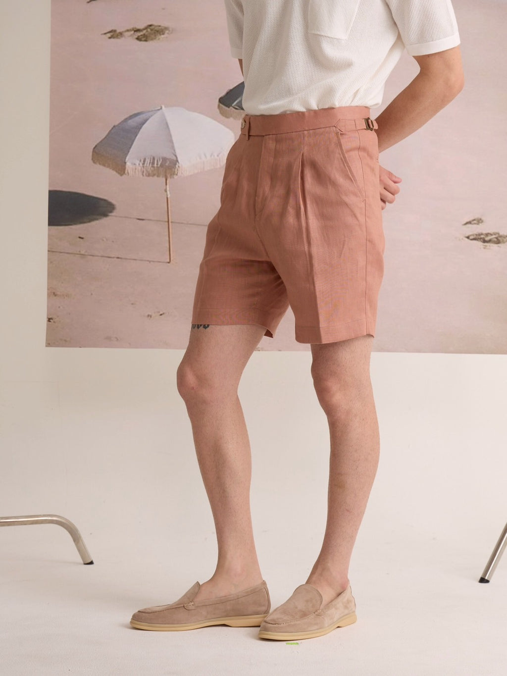 PLEATED LINEN SHORTS - SALMON