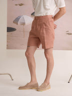 PLEATED LINEN SHORTS - SALMON