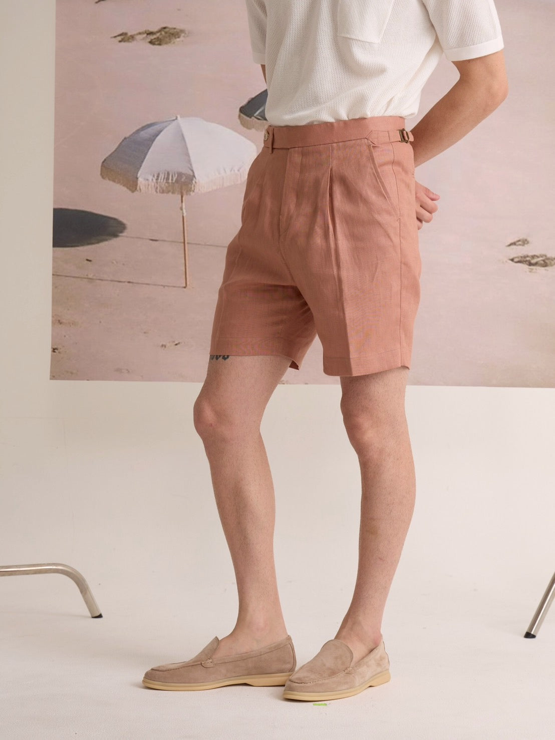 PLEATED LINEN SHORTS - SALMON