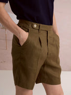 PLEATED LINEN SHORTS - OLIVE