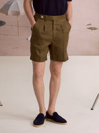 PLEATED LINEN SHORTS - OLIVE