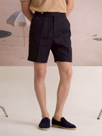 PLEATED LINEN SHORTS - NAVY