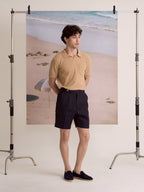 PLEATED LINEN SHORTS - NAVY