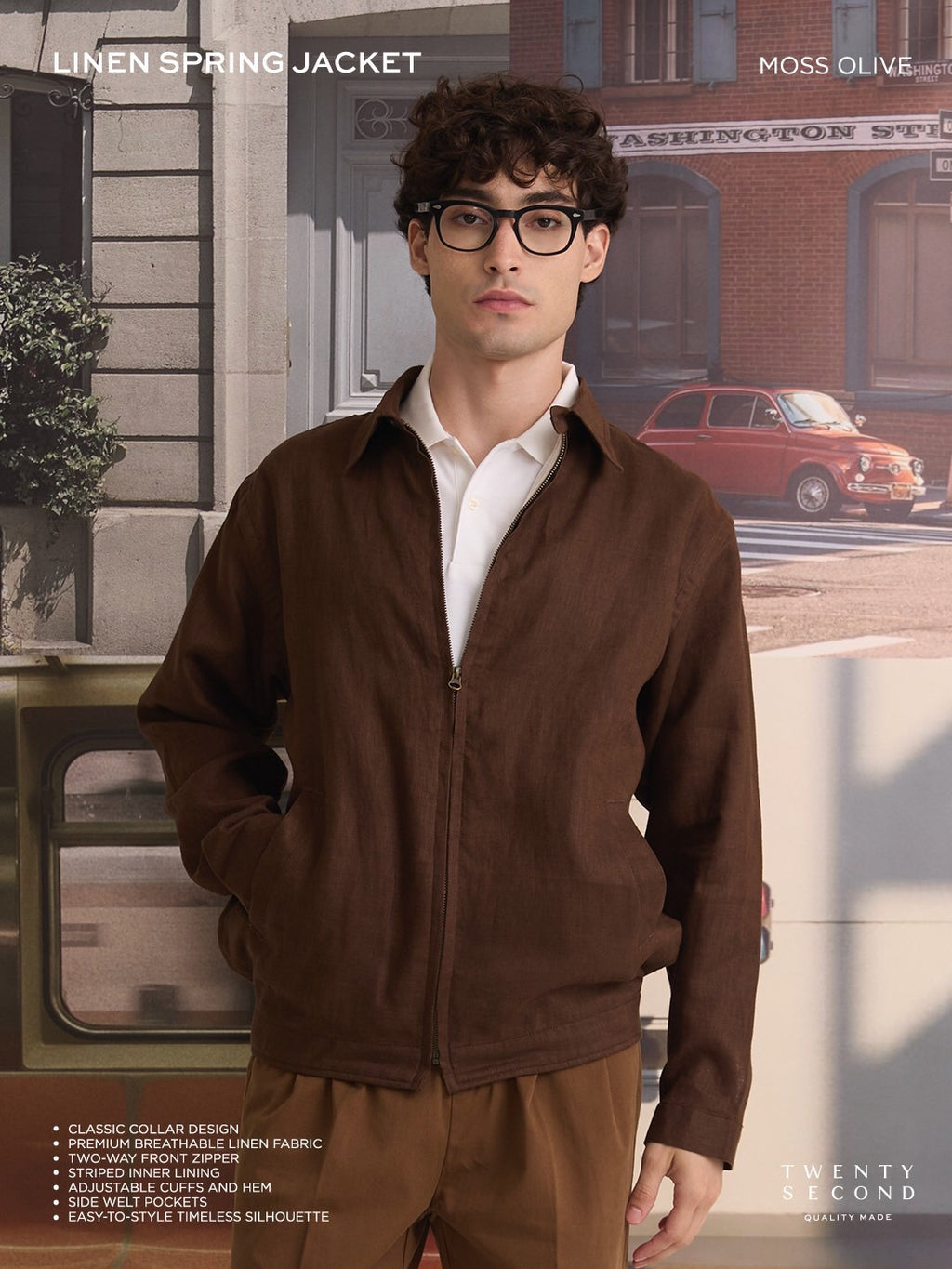 LINEN SPRING JACKET - MOSS BROWN