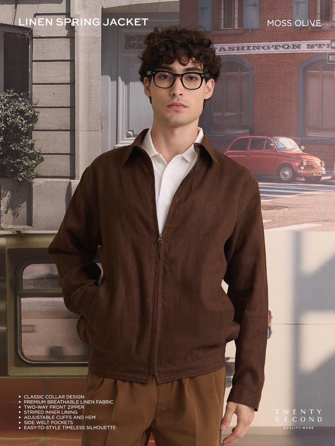 LINEN SPRING JACKET - MOSS BROWN