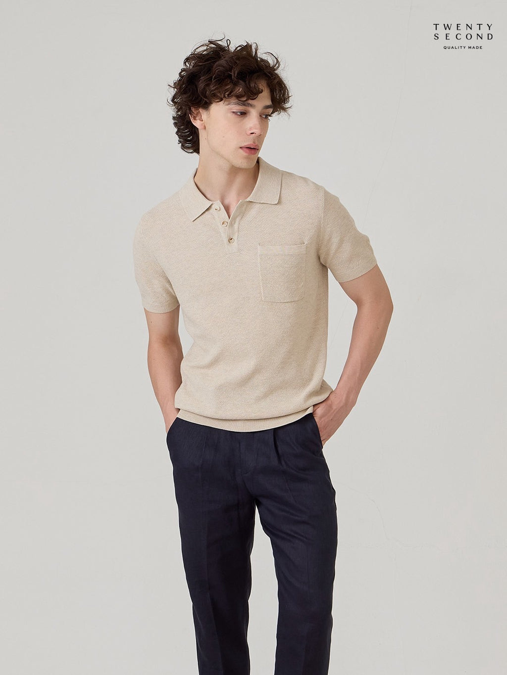 เสื้อโปโลถัก RIVIERA - สีโอ๊ตมีล