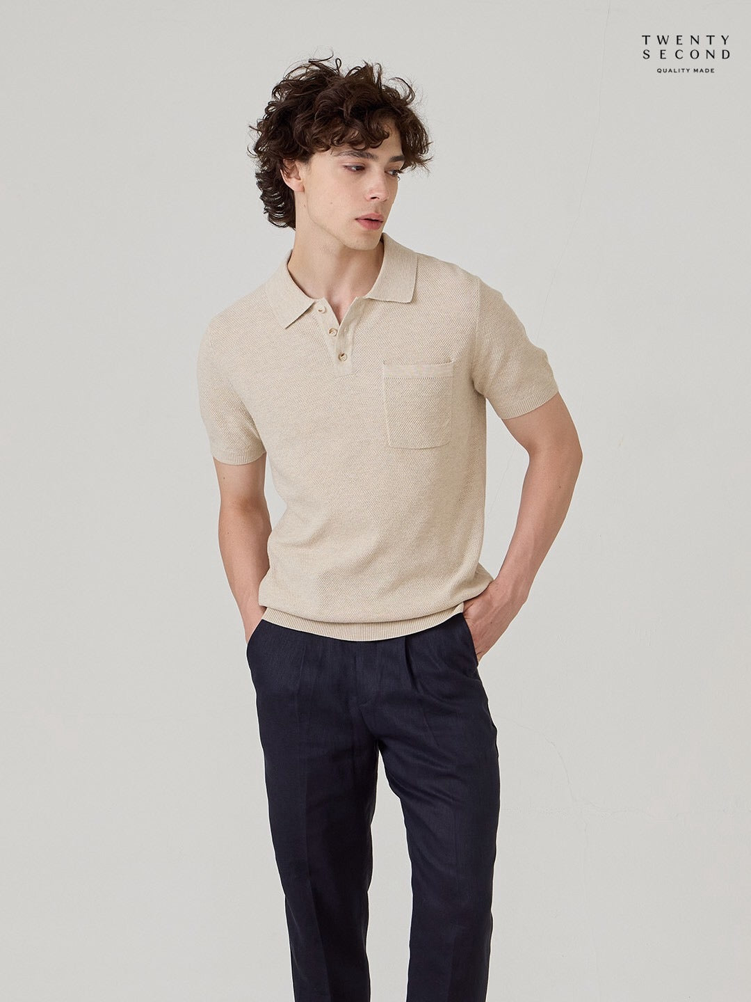 เสื้อโปโลถัก RIVIERA - สีโอ๊ตมีล