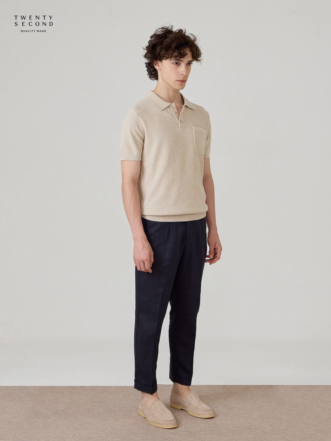 เสื้อโปโลถัก RIVIERA - สีโอ๊ตมีล