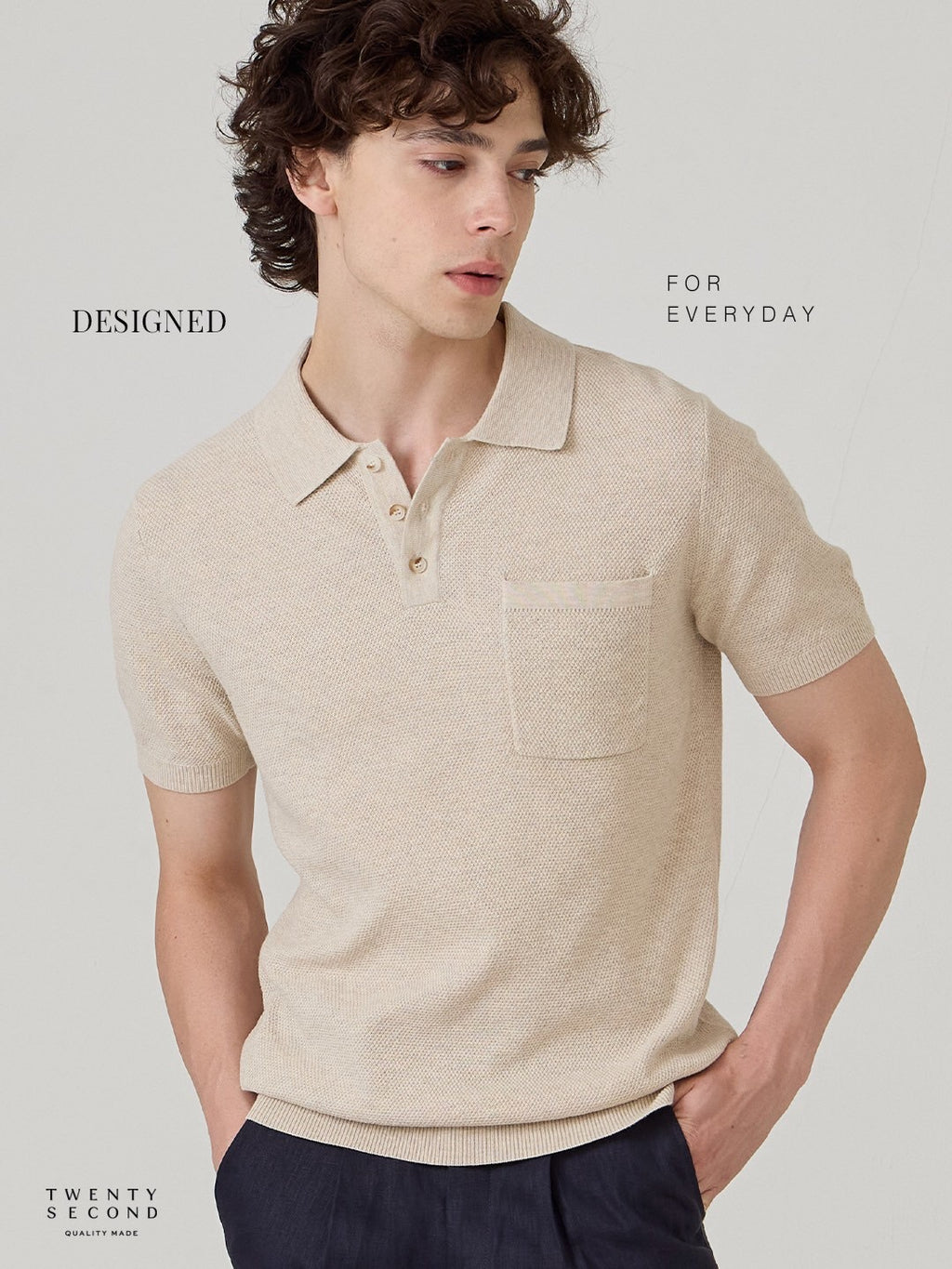 เสื้อโปโลถัก RIVIERA - สีโอ๊ตมีล