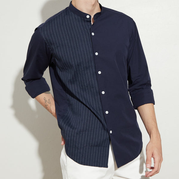 COLBY BAND COLLAR SHIRT - NAVY